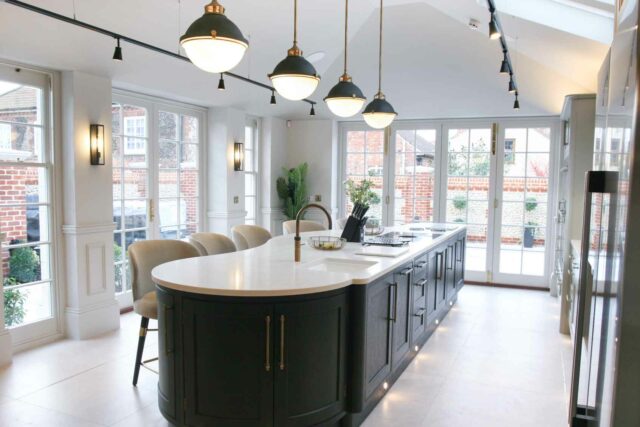 navy kitchen island peninsula