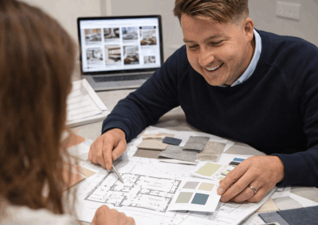 Client attending a Design Studio Session at Anglia Kitchens & Bedrooms showroom in Norfolk discussing bespoke interior ideas